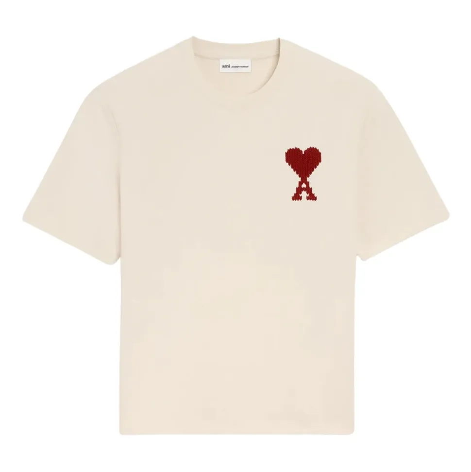 AMI Paris - Ami de Coeur Embroidered T-Shirt (Moonlight / Sunset Red Heart)