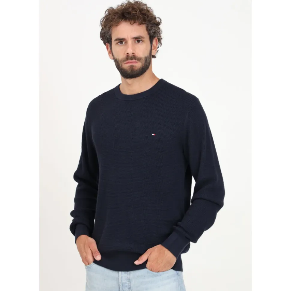 Blauwe Crew-Neck Sweater met Honingraat Weefsel