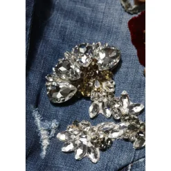 Blauwe Rhinestone Versierde Skinny Denim Jeans