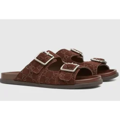 Bruin Leren Platte Zool Slides