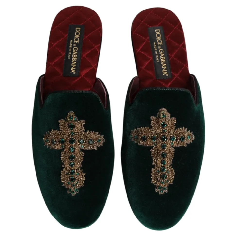 Groene Velvet Cross Embellished Slippers