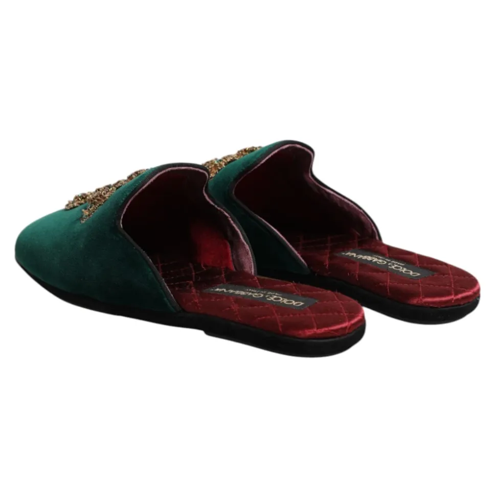 Groene Velvet Cross Embellished Slippers
