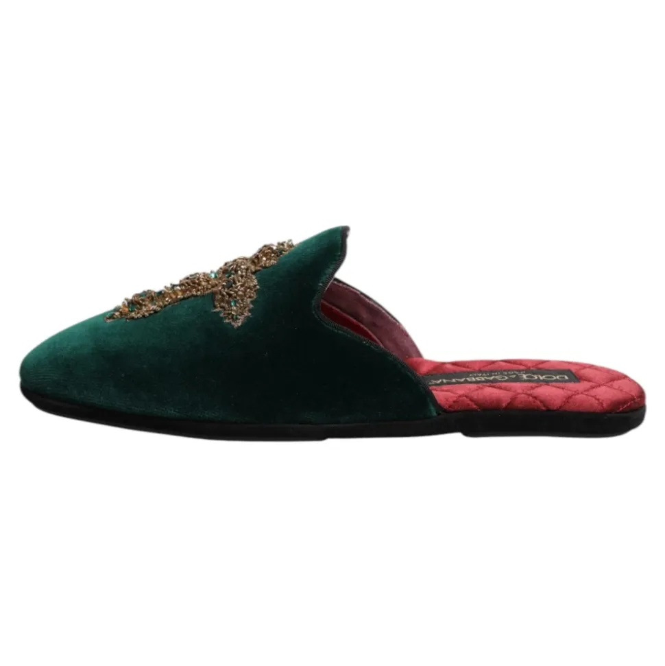 Groene Velvet Cross Embellished Slippers