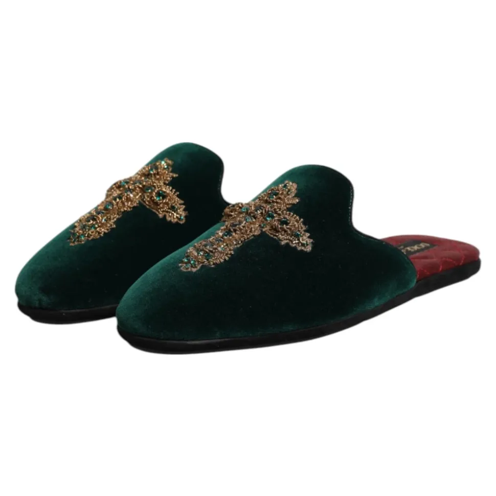 Groene Velvet Cross Embellished Slippers