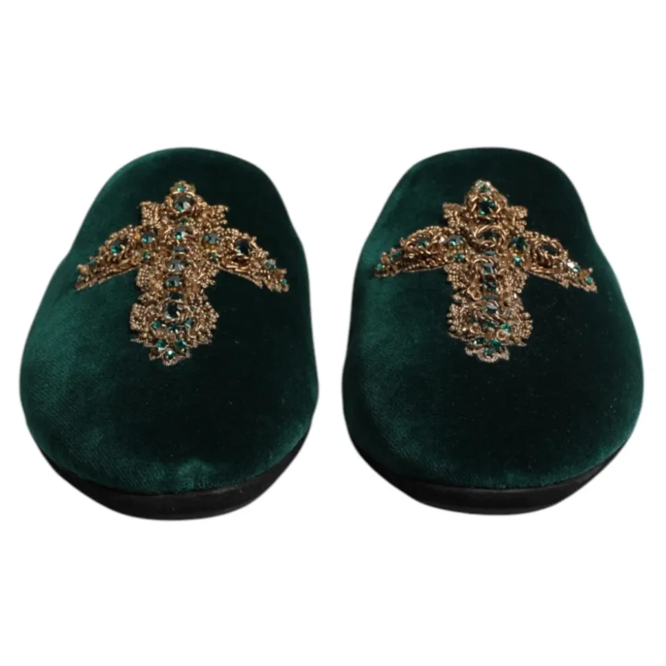 Groene Velvet Cross Embellished Slippers