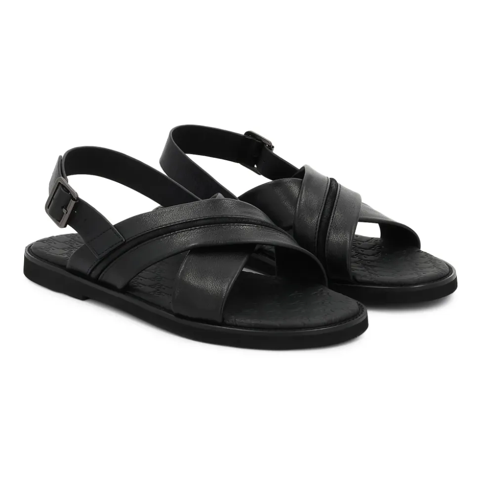Kazar zwarte leren herensandalen met gekruiste banden