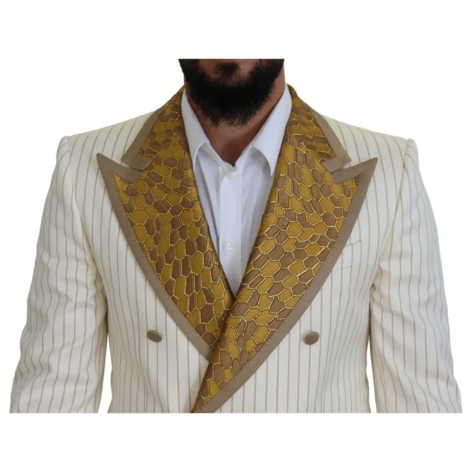 Off White Gouden Gestreepte Tuxedo Slim Fit Pak