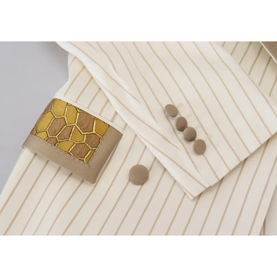 Off White Gouden Gestreepte Tuxedo Slim Fit Pak