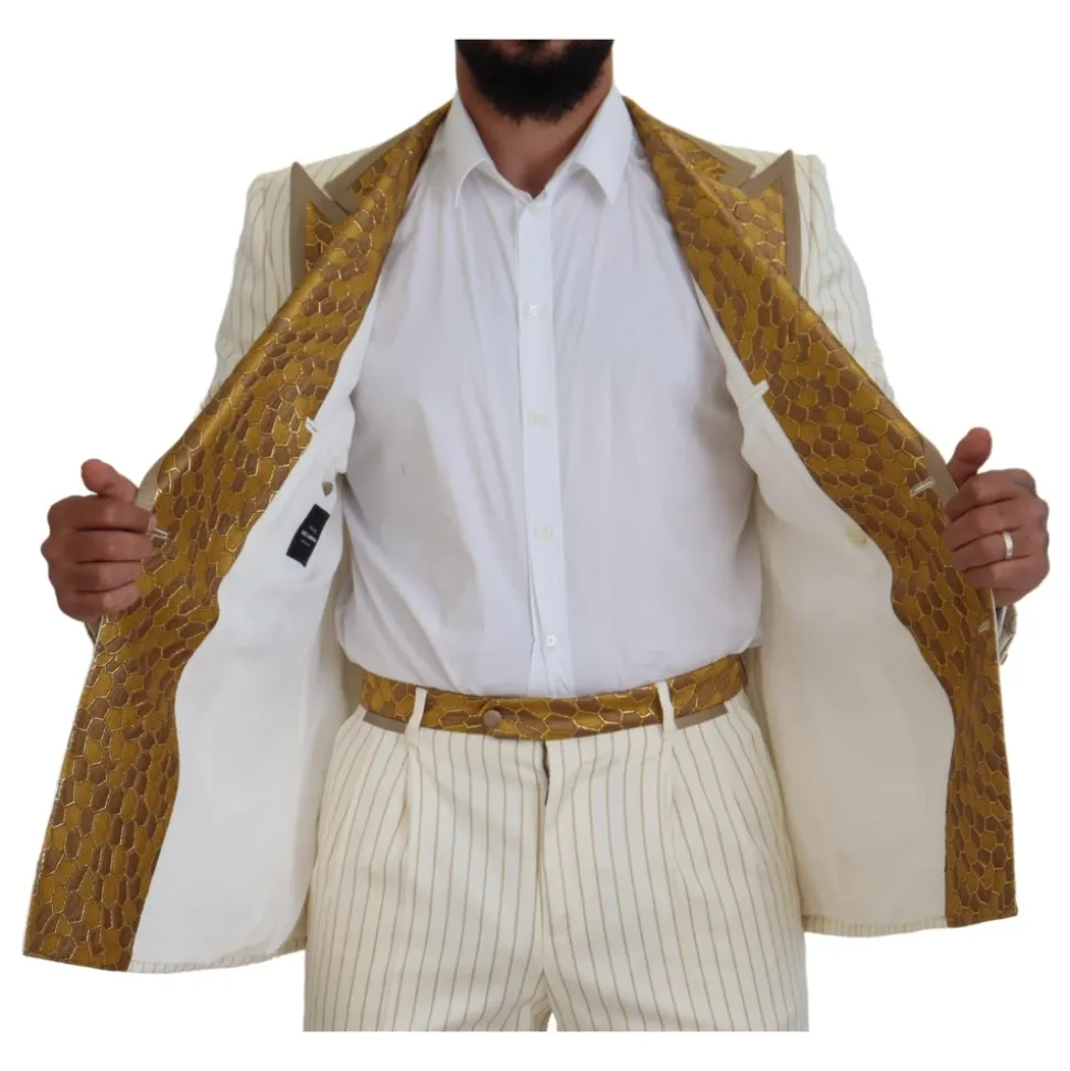 Off White Gouden Gestreepte Tuxedo Slim Fit Pak