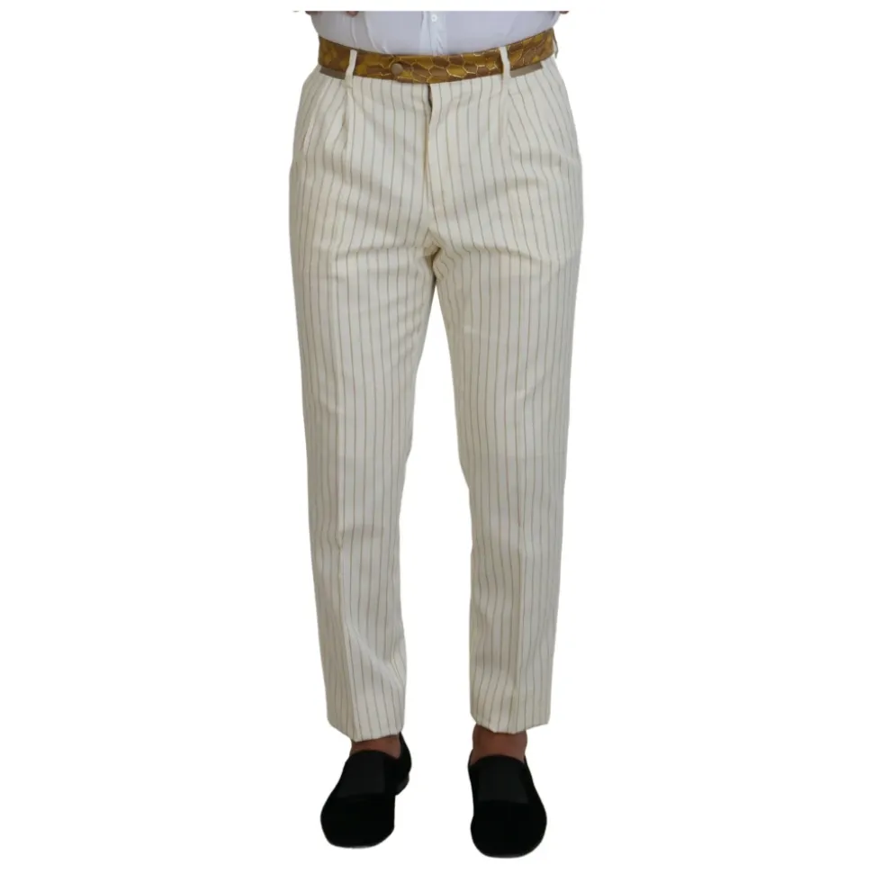 Off White Gouden Gestreepte Tuxedo Slim Fit Pak