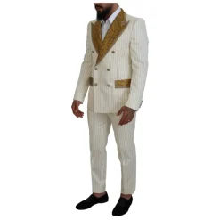 Off White Gouden Gestreepte Tuxedo Slim Fit Pak