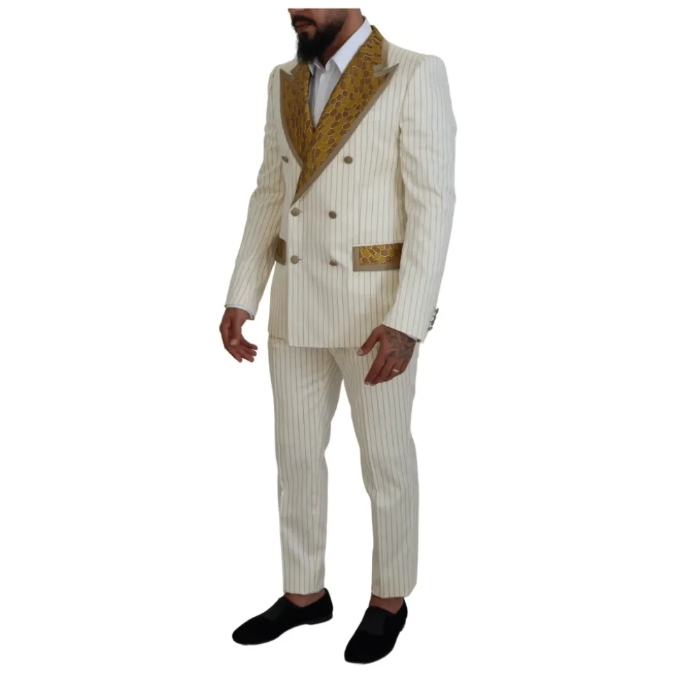 Off White Gouden Gestreepte Tuxedo Slim Fit Pak