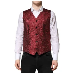 Rode Bloemen Brokaat Formeel Heren Vest